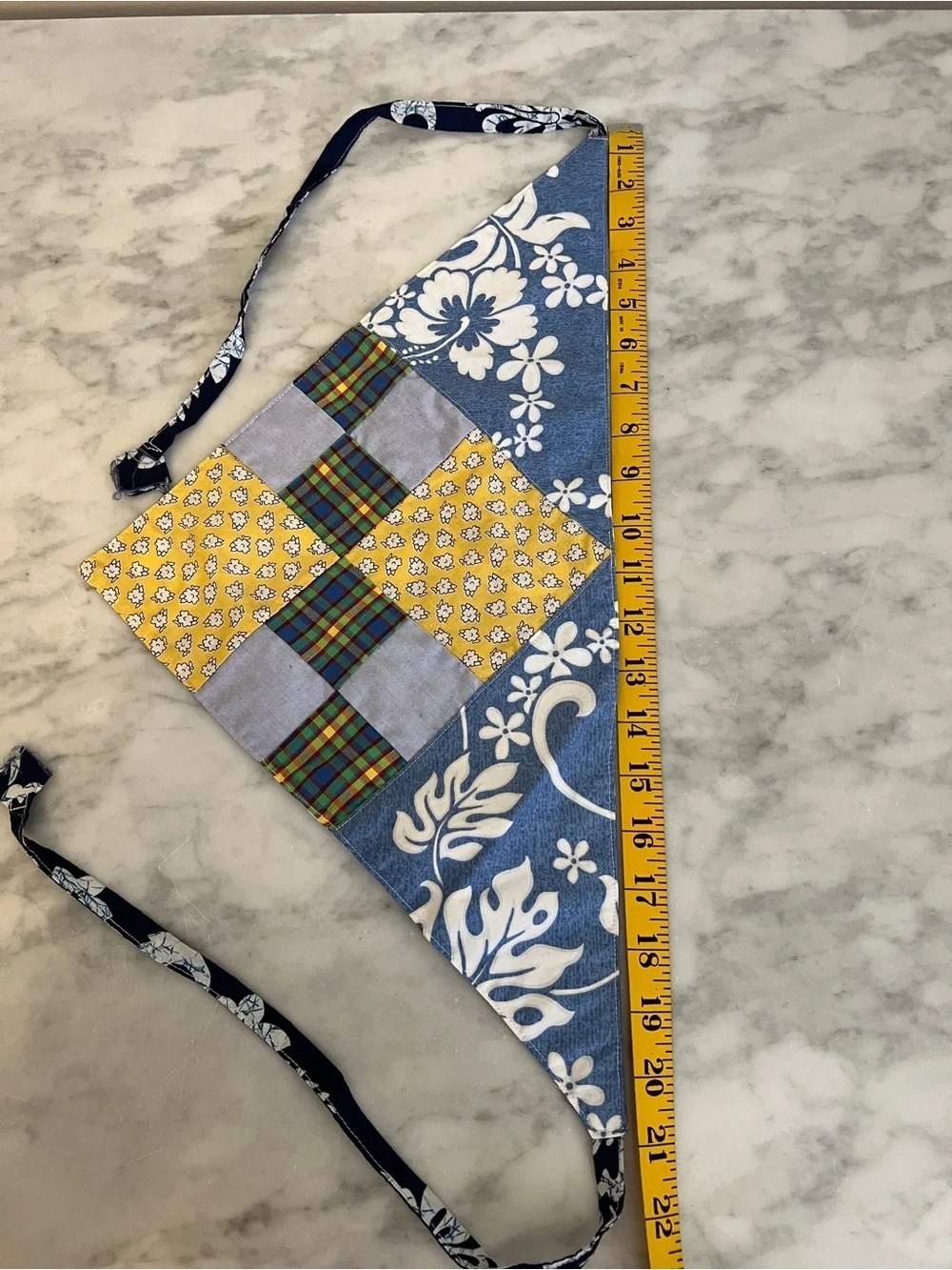 Handmade Kids Aloha Cotton Patchwork Headscarf in Blue and Yellow. 21x15”, 52” L